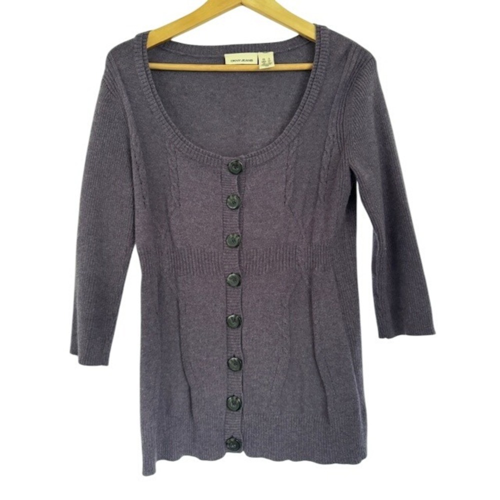 DKNY Jeans Women's Purple Cable Knit Button Front 3/4 Sleeve Sweater Size S